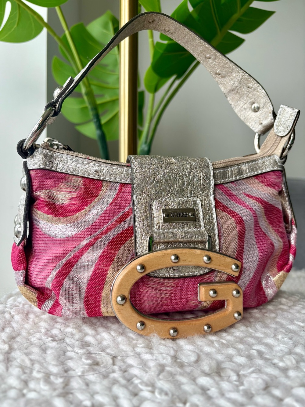 Rare Vintage Y2K GUESS Samba Mini Pink Metallic Wood G Shoulder Bag 2000s Purse - Picture 2 of 9
